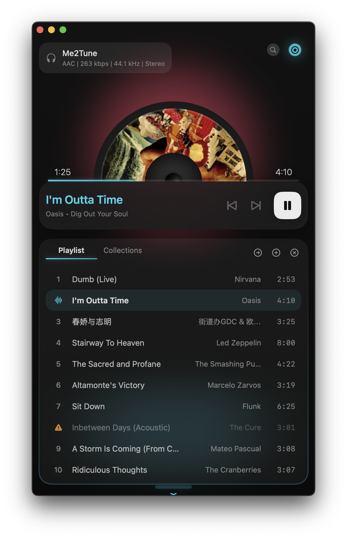Me2Tune 应用界面：播放列表与正在播放歌曲